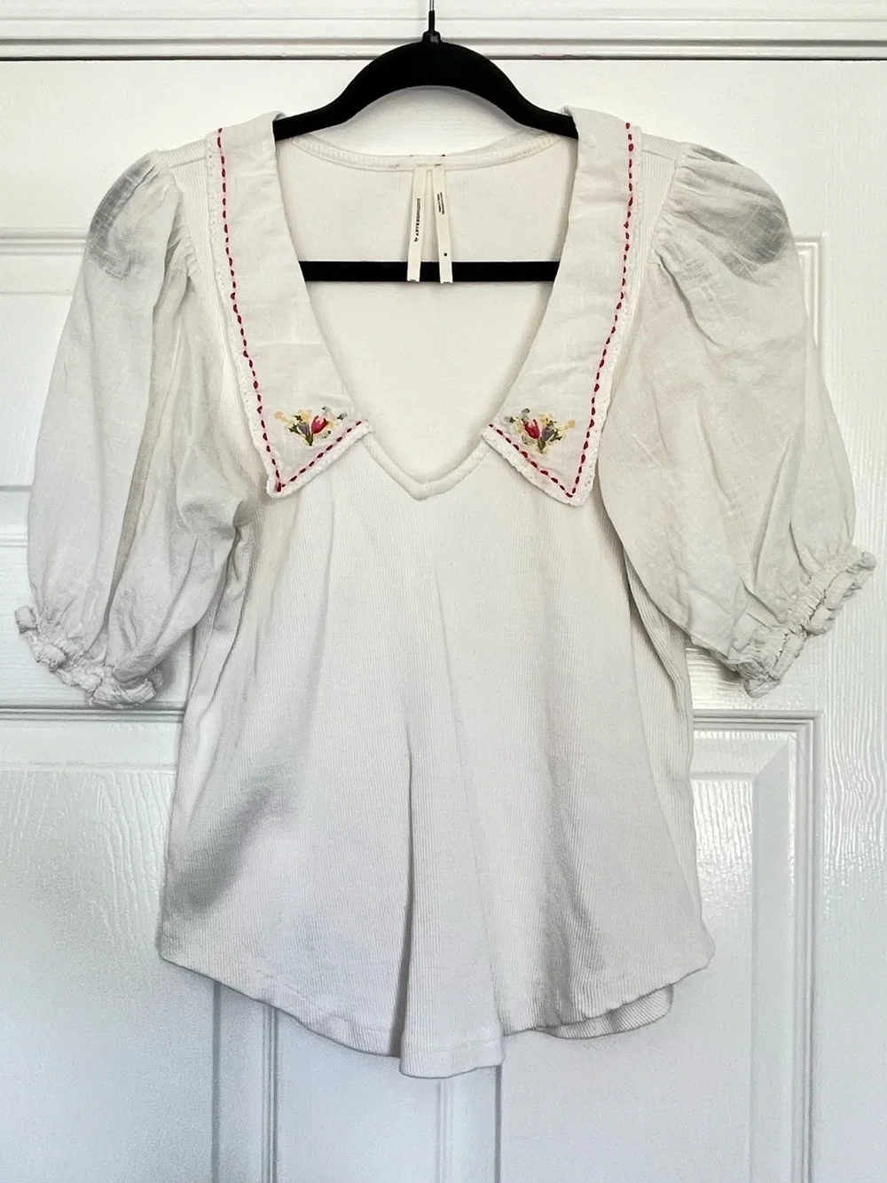 Anthropologie White V-Neck Puff Sleeve Top with Embroidered Collar